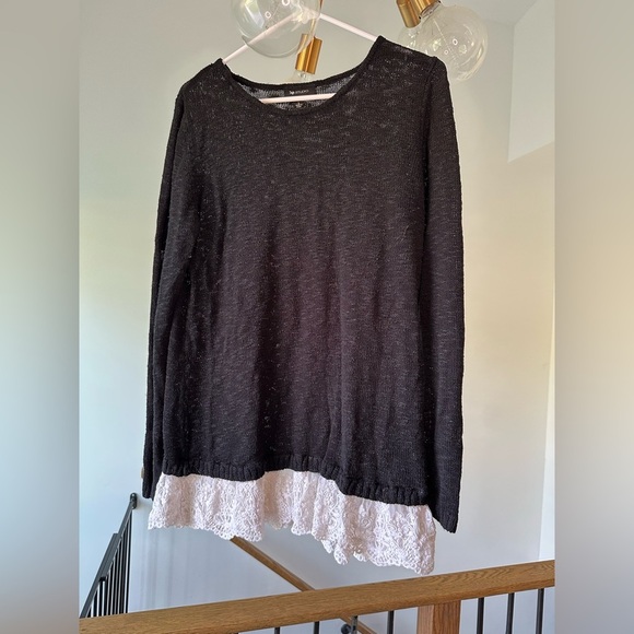 Textured Black Sweater with Lace Hem - Picture 1 of 6